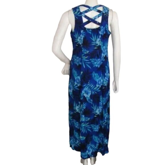 Vintage DAWN JOY Maxi Dress, 7/8, Blue Floral, Crossed back, Buttons, Sleeveless - Picture 5 of 12
